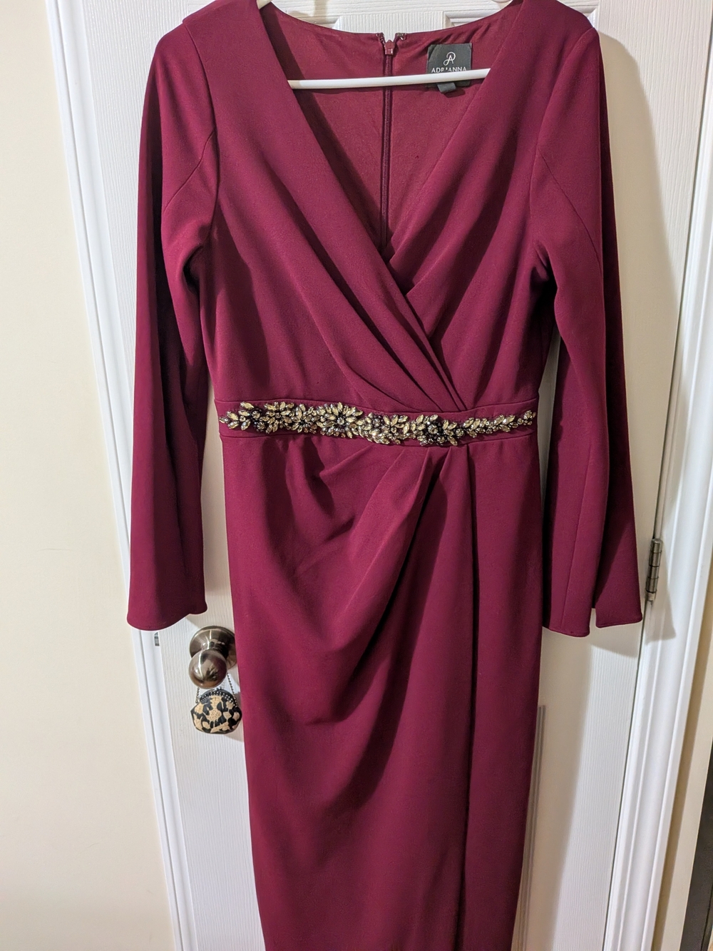 Adrianna Papell Wine Long-Sleeve Maxi Dress with Beaded Waist